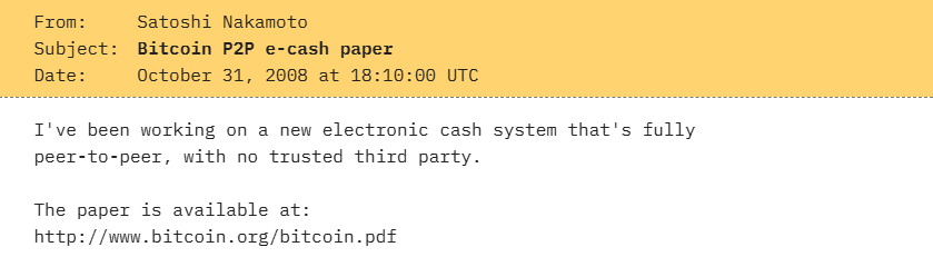 El correo original de Satoshi Nakamoto anunciando el White Paper de Bitcoin, enviado el 31 de octubre de 2008