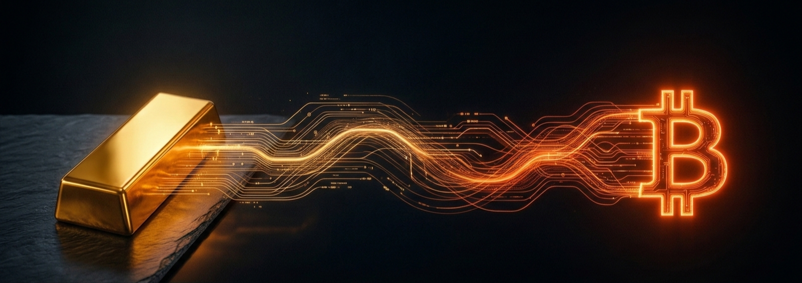 Bitcoin vs Oro — lingote de oro conectado por circuitos digitales a símbolo de Bitcoin
