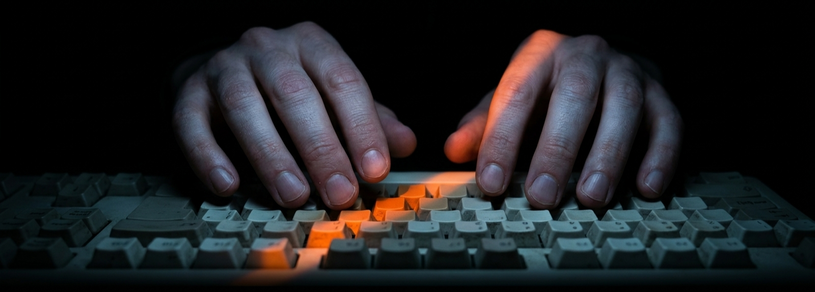 Manos sobre un teclado en la oscuridad, iluminadas por una luz naranja, evocando la noche en que Satoshi Nakamoto envió el White Paper de Bitcoin en 2008