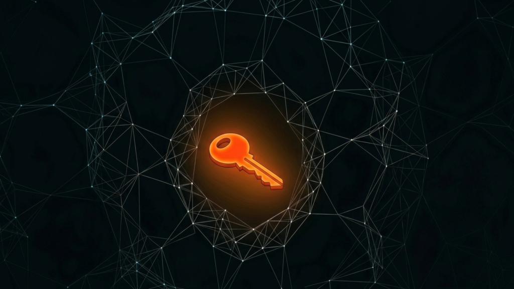 Llave naranja brillante sobre una red de nodos geométricos, representando las claves criptográficas que dan acceso a Bitcoin