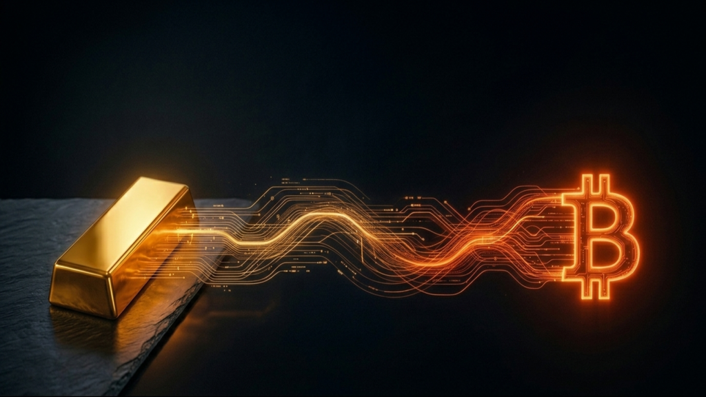 Lingote de oro conectado por circuitos digitales al símbolo de Bitcoin, representando la comparación entre ambos activos de valor