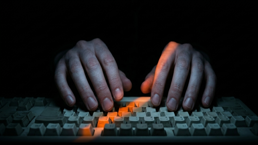 Manos sobre un teclado iluminado en naranja, representando el origen del white paper de Bitcoin de Satoshi Nakamoto