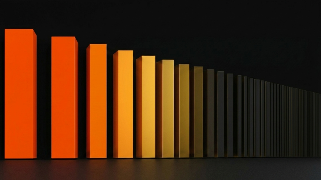 Bloques rectangulares naranjas que disminuyen en tamaño de izquierda a derecha sobre fondo negro, representando la reducción progresiva del halving de Bitcoin