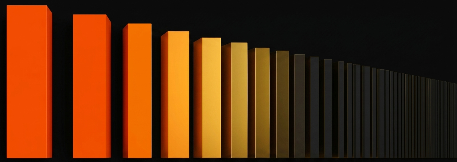 Bloques rectangulares naranjas que disminuyen en tamaño de izquierda a derecha sobre fondo negro, representando la reducción progresiva del halving de Bitcoin