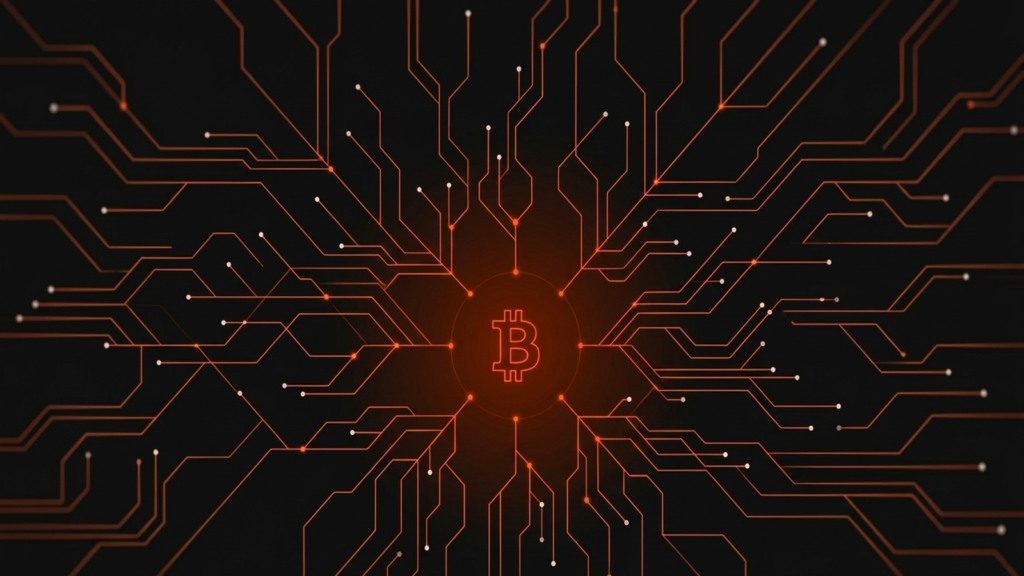 Relámpagos de luz naranja sobre fondo oscuro, representando la velocidad y eficiencia del Lightning Network de Bitcoin