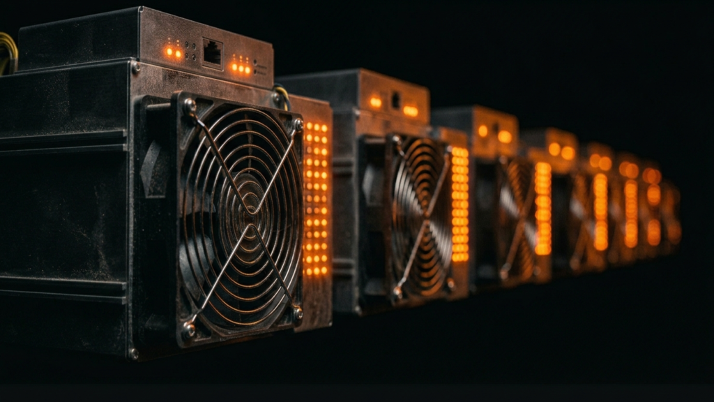 Fila de máquinas ASIC de minería de Bitcoin con iluminación LED naranja-ámbar en penumbra, con las unidades del fondo en desenfoque.