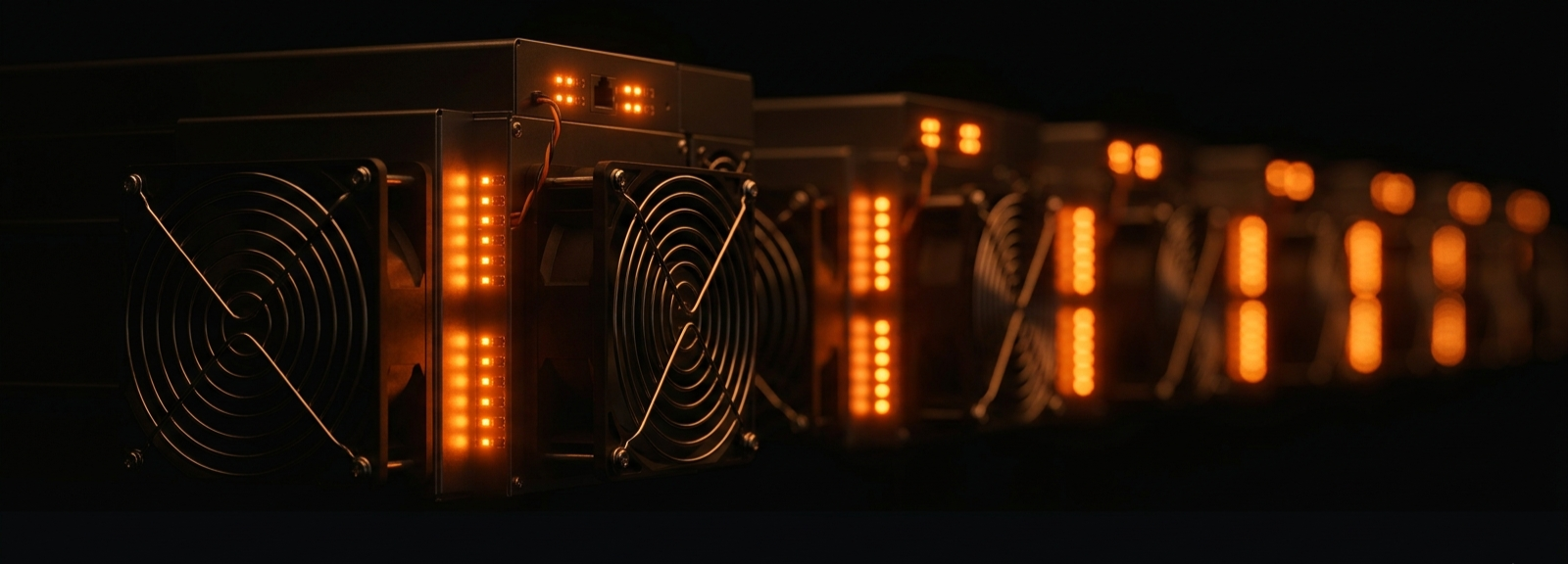 Fila de máquinas ASIC de minería de Bitcoin con iluminación LED naranja-ámbar en penumbra, con las unidades del fondo en desenfoque.