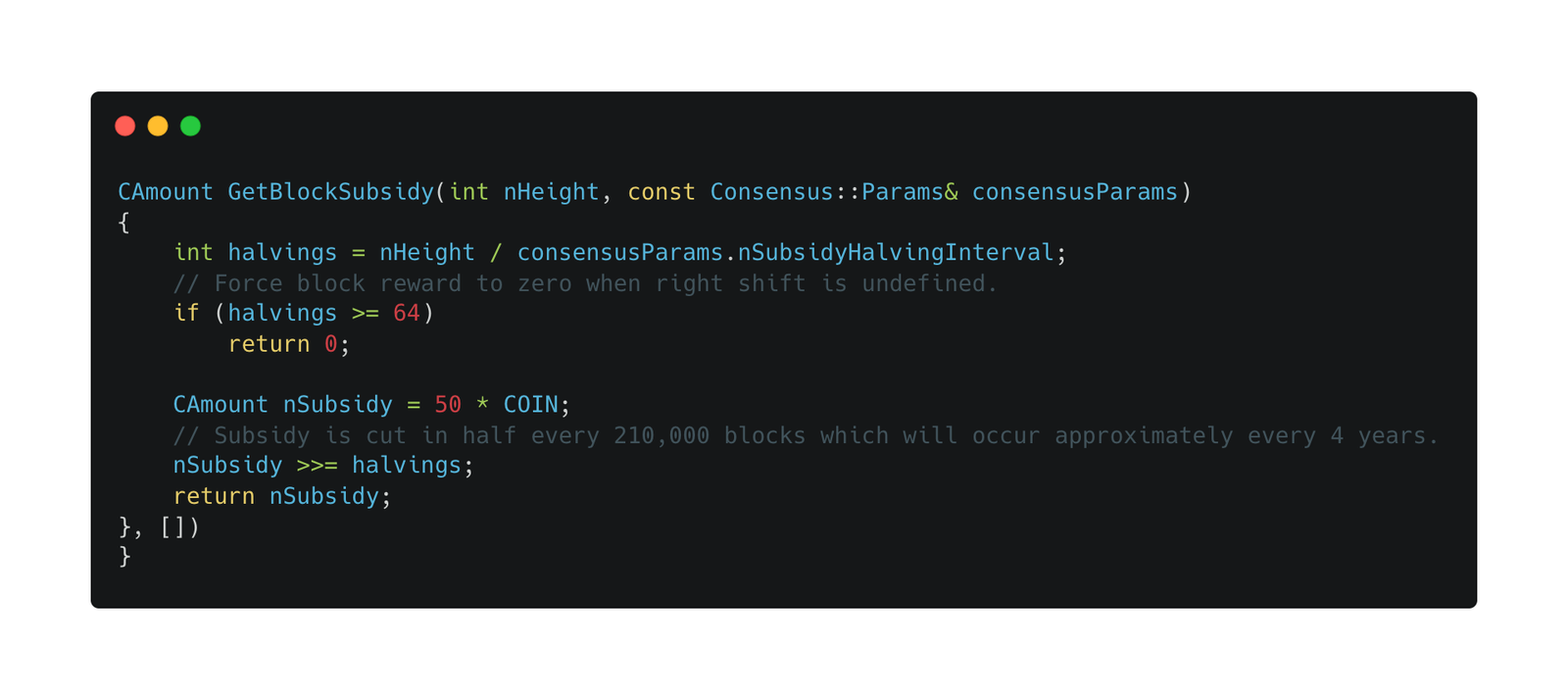 Captura del código fuente de Bitcoin Core mostrando la función GetBlockSubsidy, donde no aparece el número 21 millones sino la lógica de reducción por épocas de 210.000 bloques