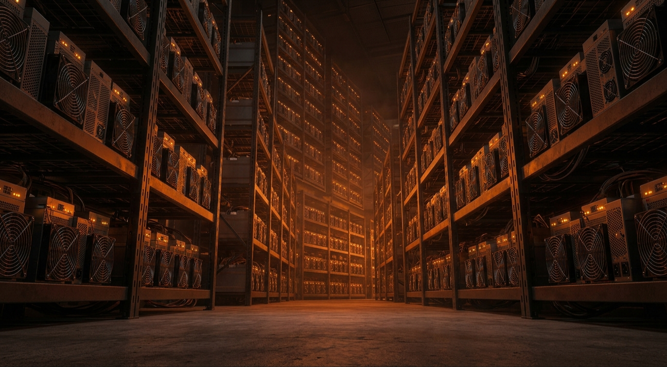Granja de minería industrial de Bitcoin con filas de máquinas ASIC iluminadas por LEDs naranja-ámbar bajo luz tenue, mostrando la escala de la minería moderna.
