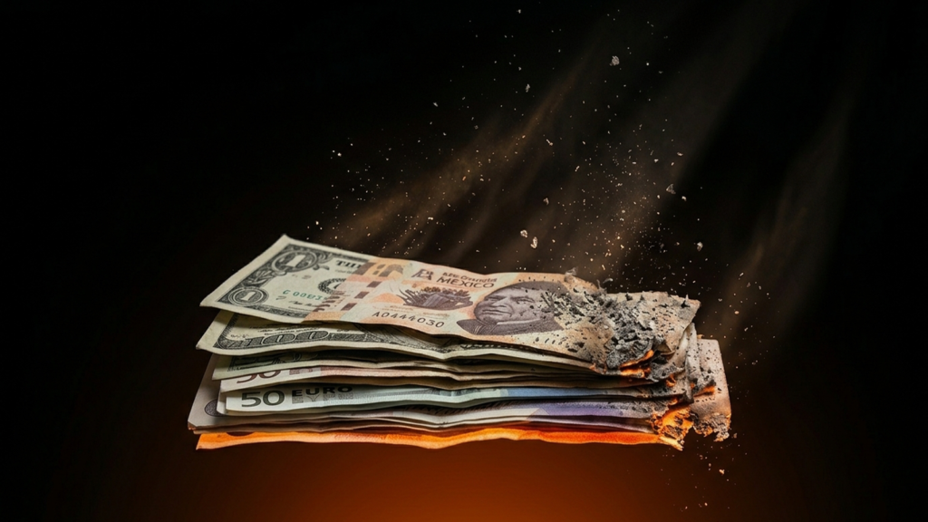 Stack de billetes de múltiples monedas — dólar, peso mexicano y euro — disolviéndose en ceniza sobre fondo negro con luz naranja