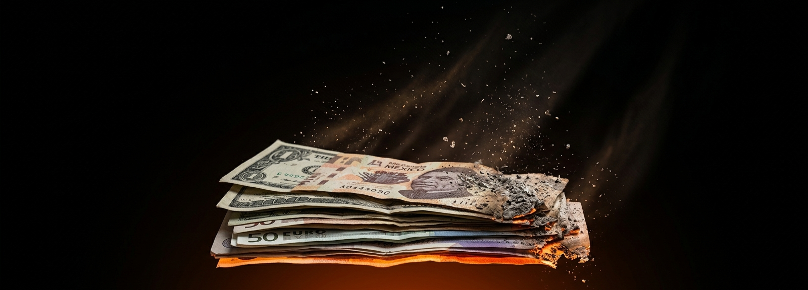 Stack de billetes de múltiples monedas — dólar, peso mexicano y euro — disolviéndose en ceniza sobre fondo negro con luz naranja