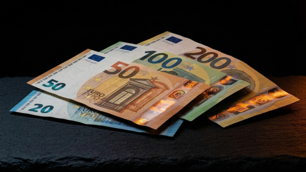 Cuatro billetes de euro sobre superficie oscura con iluminación cálida — artículo Bitcoin en euros