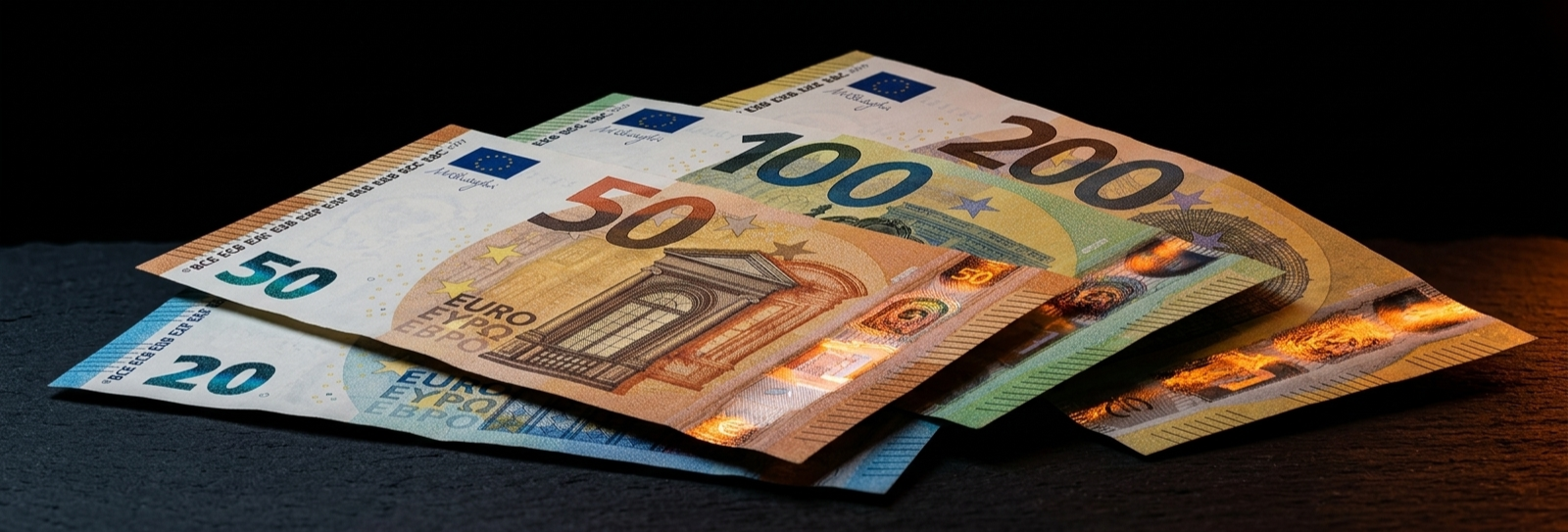 Cuatro billetes de euro sobre superficie oscura con iluminación cálida — artículo Bitcoin en euros