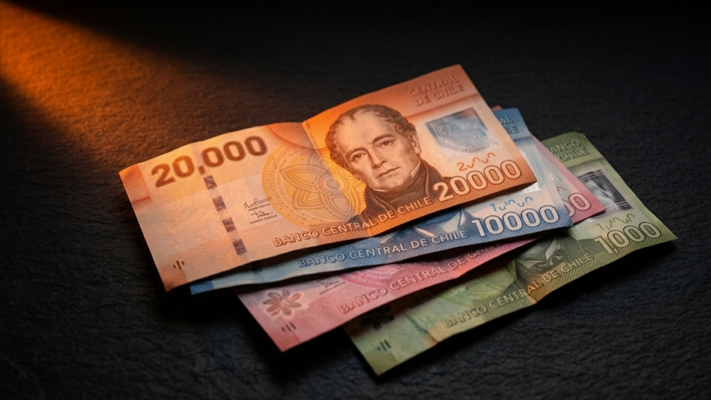 Billetes de pesos chilenos de varias denominaciones sobre superficie oscura, con luz naranja-ámbar dramática iluminando el billete de $20.000 en primer plano. Banco Central de Chile visible en los billetes.