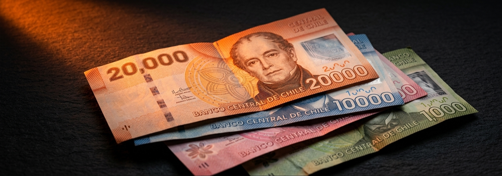 Billetes de pesos chilenos de varias denominaciones sobre superficie oscura, con luz naranja-ámbar dramática iluminando el billete de $20.000 en primer plano. Banco Central de Chile visible en los billetes.