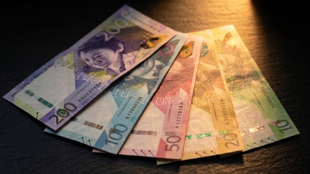 Billetes de soles peruanos de varias denominaciones sobre superficie oscura, iluminados por una luz naranja-ámbar dramática que recorre el encuadre.