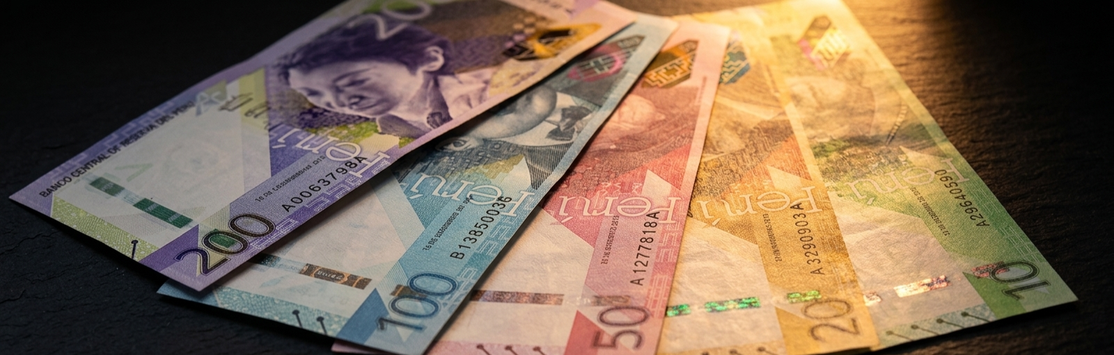 Billetes de soles peruanos de varias denominaciones sobre superficie oscura, iluminados por una luz naranja-ámbar dramática que recorre el encuadre.