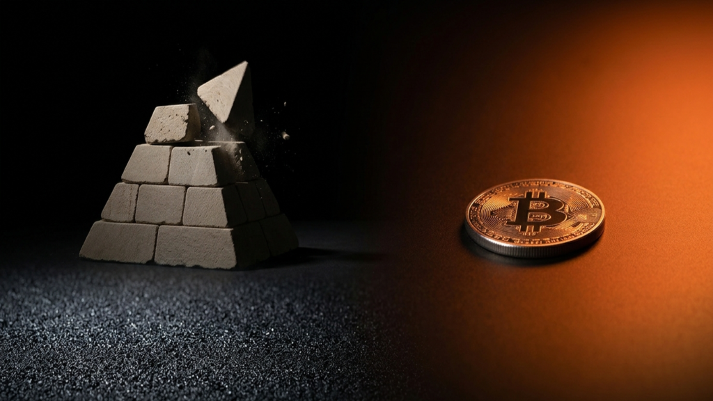 Una pequeña pirámide de piedra colapsando en la sombra junto a una moneda física de Bitcoin, estable, bajo una luz cálida