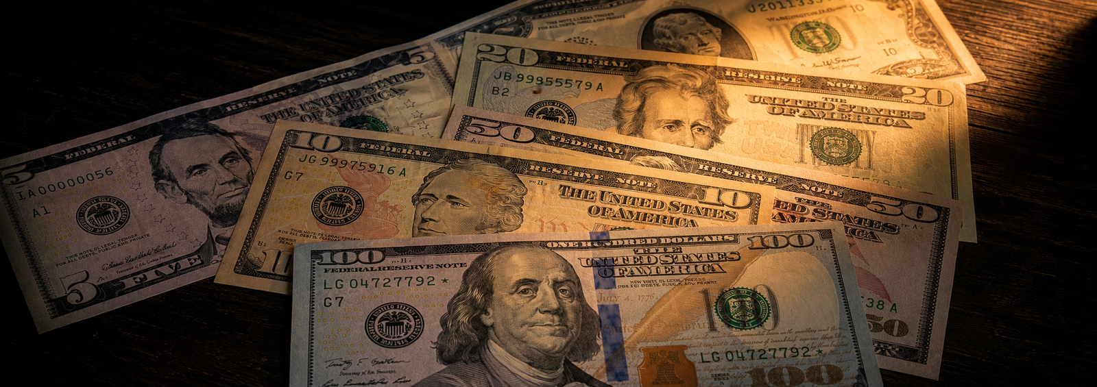 Billetes de dólares estadounidenses de varias denominaciones ($5, $10, $20, $50, $100) fanned sobre una mesa de madera oscura, iluminados por una luz naranja-ámbar dramática que recorre el encuadre.