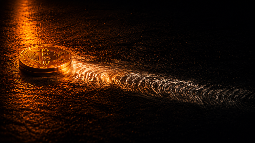 Una moneda física de Bitcoin iluminada en tonos cálidos sobre una superficie oscura, con un rastro de luz en forma de huella digital que se extiende hacia la oscuridad, representando la trazabilidad de la red.