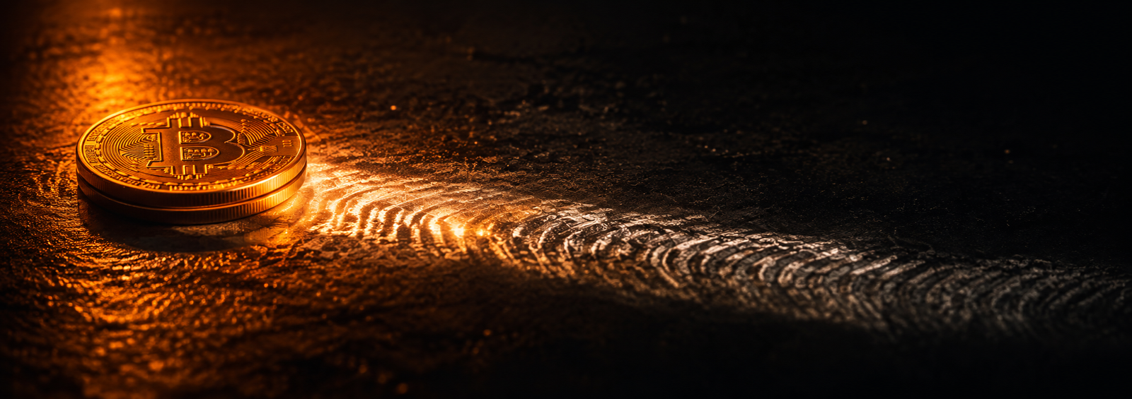 Una moneda física de Bitcoin iluminada en tonos cálidos sobre una superficie oscura, con un rastro de luz en forma de huella digital que se extiende hacia la oscuridad, representando la trazabilidad de la red.