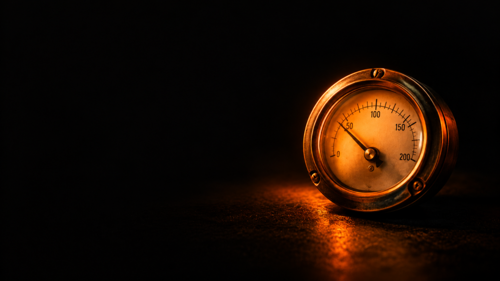 Medidor analógico antiguo iluminado en la oscuridad, con la aguja marcando un valor moderado — representa el consumo de energía de Bitcoin como un dato medido y verificable, en contraste con la opacidad de otros sistemas.