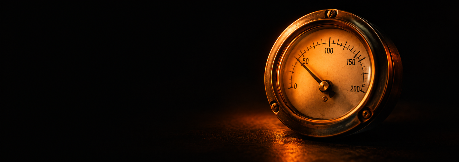 Medidor analógico antiguo iluminado en la oscuridad, con la aguja marcando un valor moderado — representa el consumo de energía de Bitcoin como un dato medido y verificable, en contraste con la opacidad de otros sistemas.