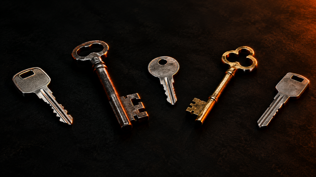 Cinco llaves distintas —moderna, antigua, sencilla, ornamentada y minimalista— iluminadas por igual sobre fondo negro, representando las distintas formas de guardar Bitcoin sin que ninguna sea 'la correcta'