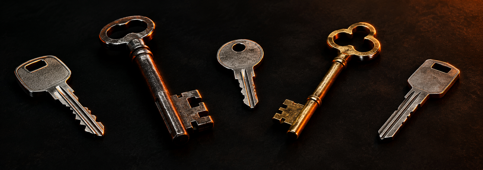 Cinco llaves distintas —moderna, antigua, sencilla, ornamentada y minimalista— iluminadas por igual sobre fondo negro, representando las distintas formas de guardar Bitcoin sin que ninguna sea "la correcta".
